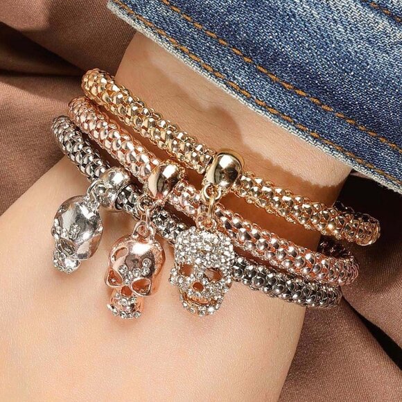 Gold and Silver Skull Charm Bracelet Set - Picture 2 of 4